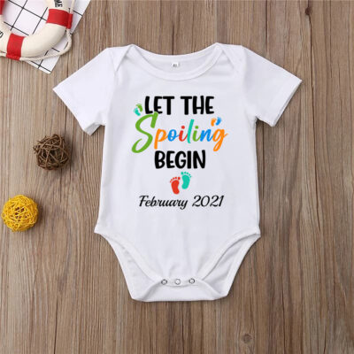 Alternative view of Personalized Let the Spoiling Begin Expecting a Baby Announcement Baby Onesie - Toddler Infant Bodysuit