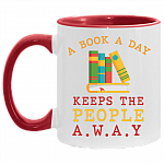 A Book A Day Keeps The People Away Accent Coffee Mug - Book Lover Gifts, White/Red, 11 oz. Accent Mug