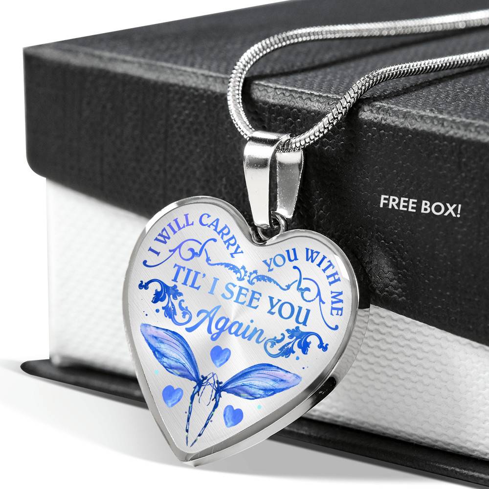 Dragonfly I Will Carry You With Me Til' I See You Again Memorial Loss Of Loved One Heart Pendant Necklace - Heart Luxury Necklace (Silver)