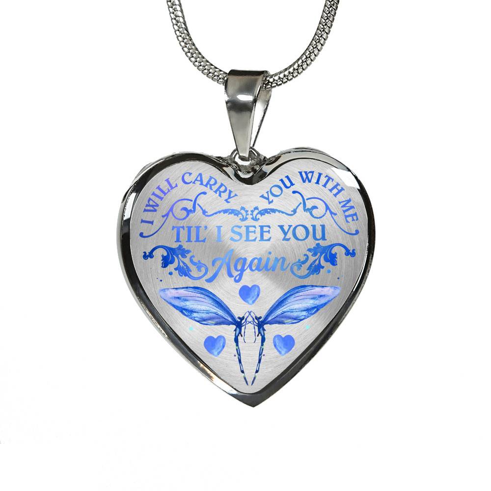Dragonfly I Will Carry You With Me Til' I See You Again Memorial Loss Of Loved One Heart Pendant Necklace - Heart Luxury Necklace (Silver)