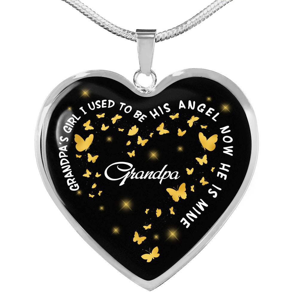 Grandpa's Girl I Used To Be His Angel Now He Is Mine Heart Pendant Necklace - Loss of Grandfather Necklace - Heart Luxury Necklace (Silver)
