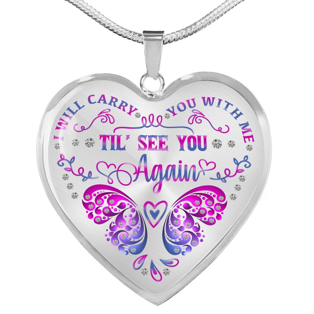 Purple Butterfly I Will Carry You With Me Til I See You Again Heart Pendant Necklace - Heart Luxury Necklace (Silver)