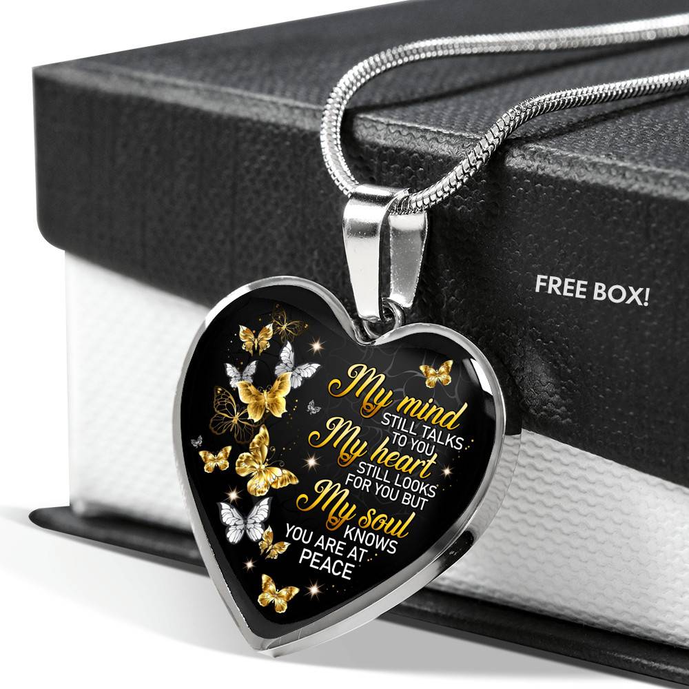 Butterfly My Mind Still Talks to You My Heart Still Looks for You Memorial Heart Pendant Necklace - Heart Luxury Necklace (Silver)