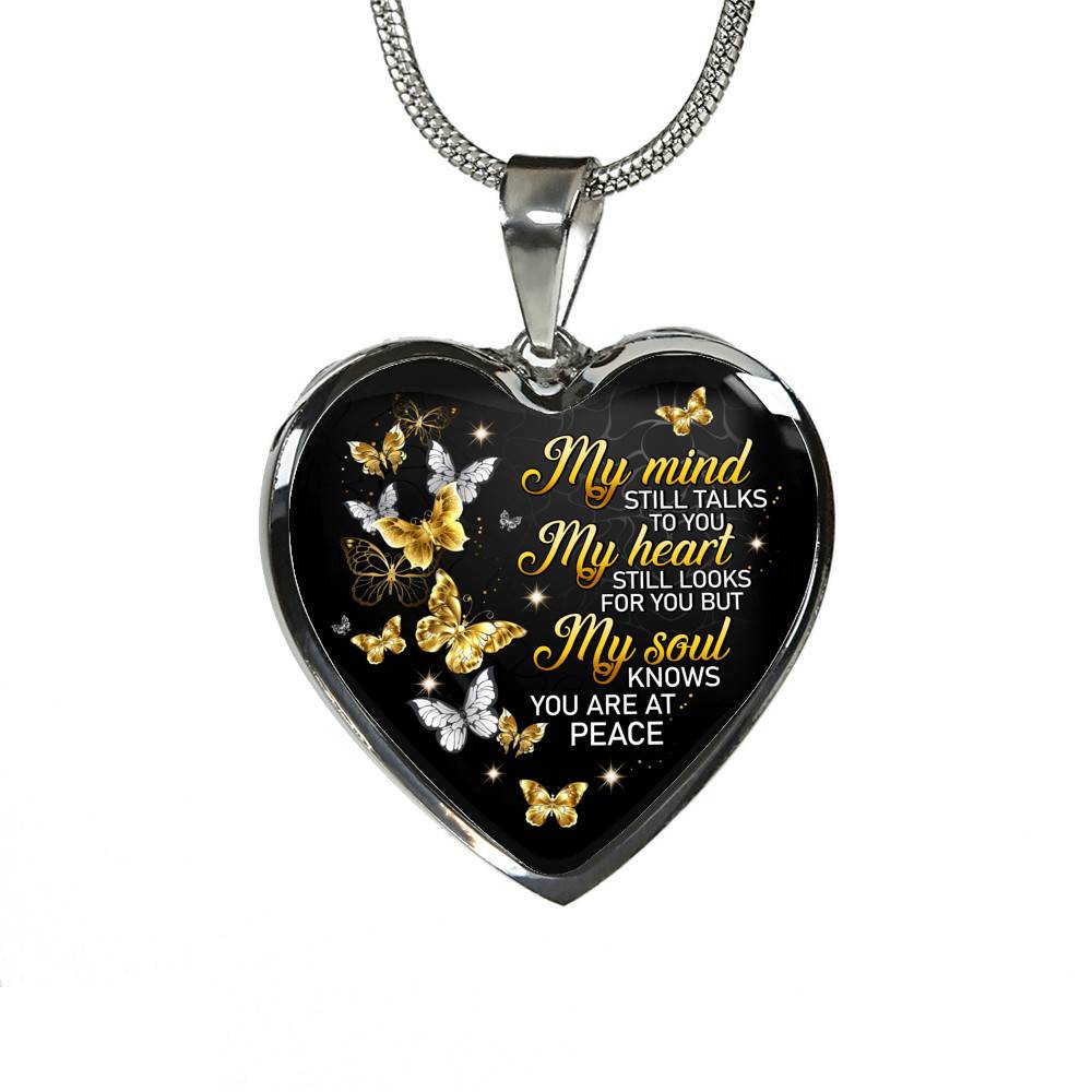 Butterfly My Mind Still Talks to You My Heart Still Looks for You Memorial Heart Pendant Necklace - Heart Luxury Necklace (Silver)