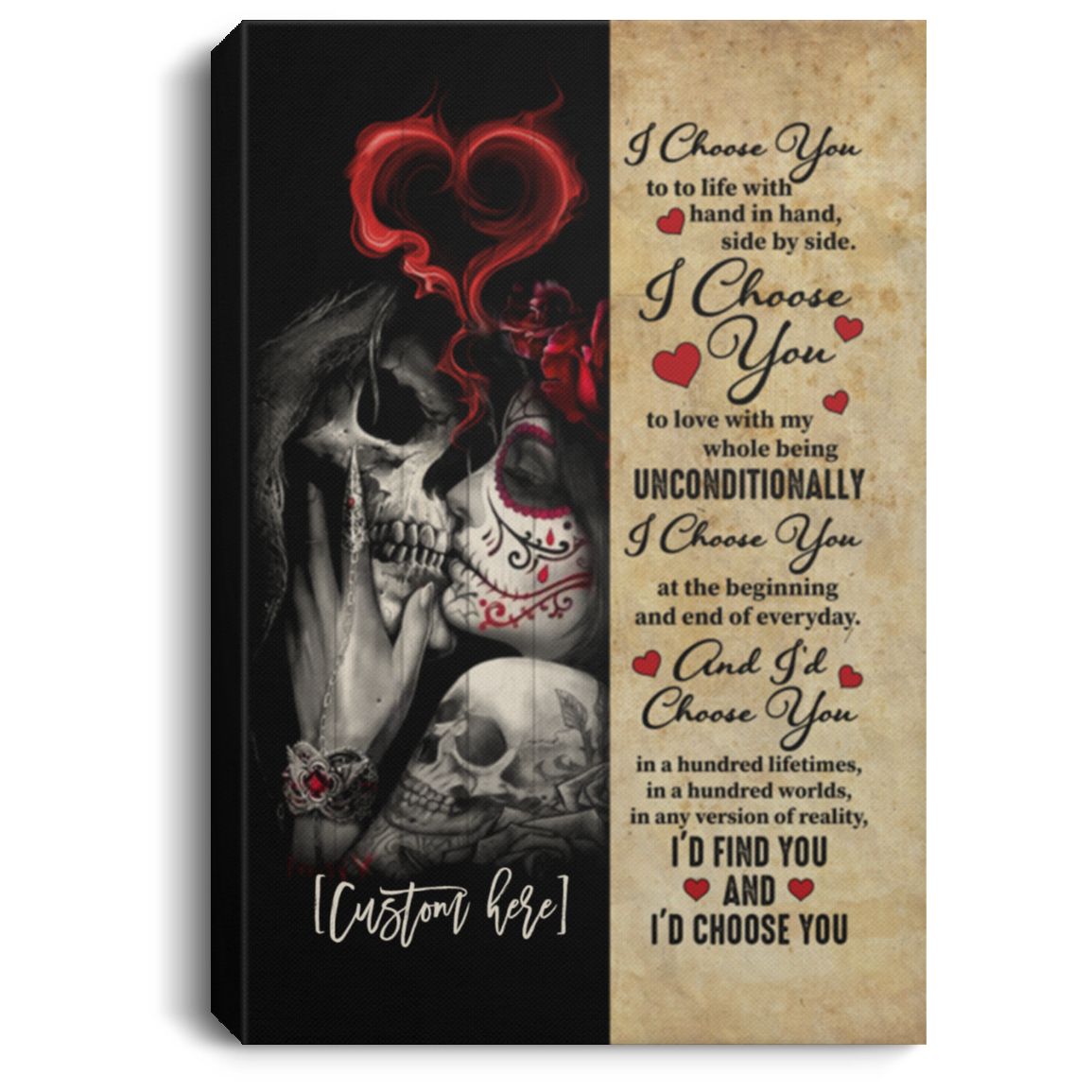 Personalized Skull Couple I Choose You To Do Life With Hand In Hand Side By Side Canvas Prints - Unframed Poster, White, 0.75'' Framed Canvas