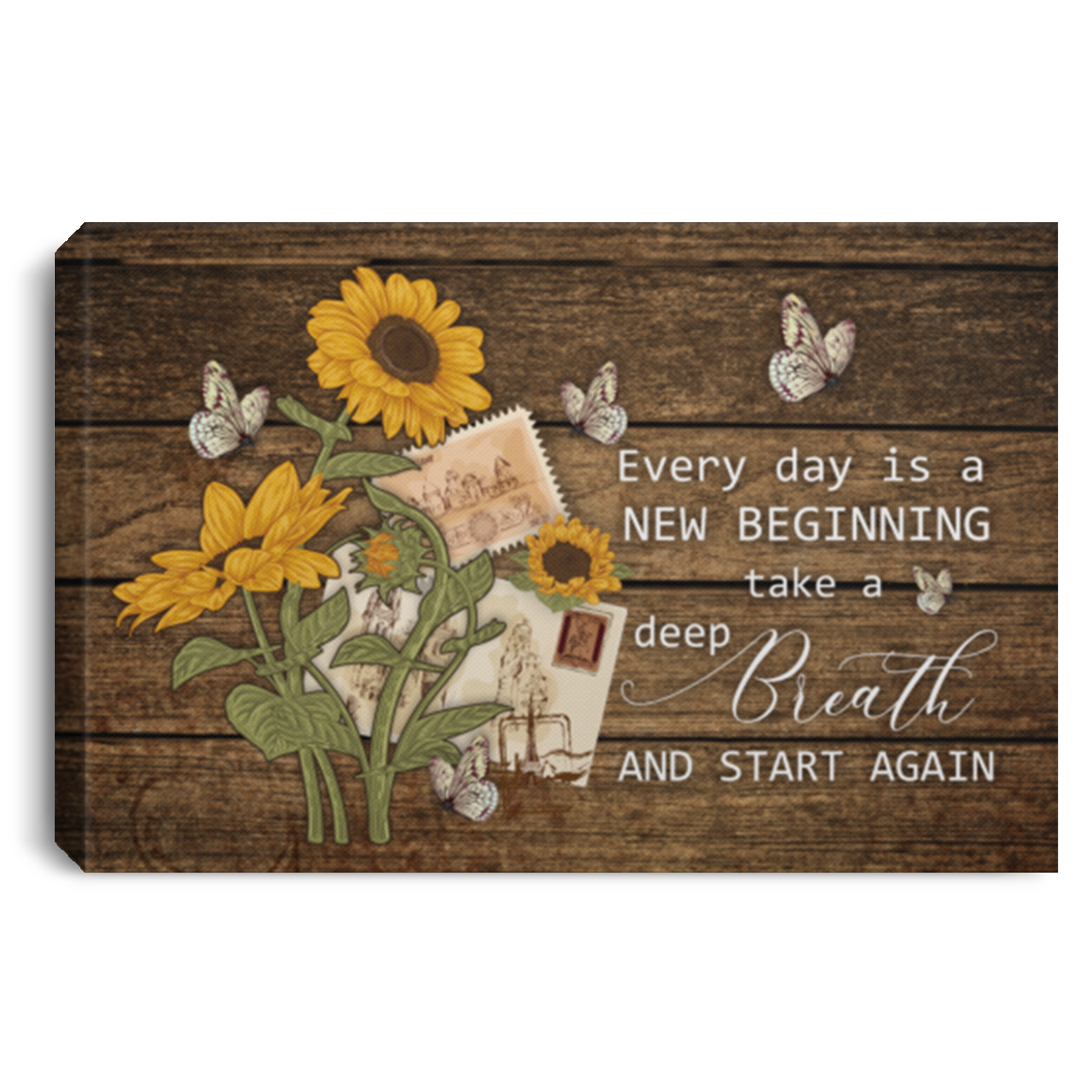 Every Day Is A New Beginning Take A Deep Breath And Start Again Framed Canvas Unframed Poster - Inspiration Quote Sunflower Wall Art, White, 0.75'' Framed Canvas