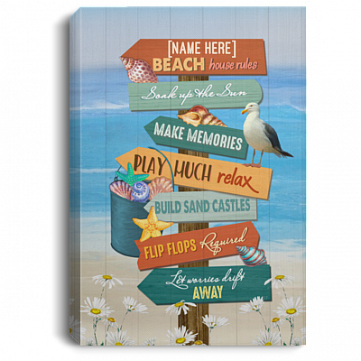 Personalized Beach House Sign Beach House Rules Soak up The Sun Make Memories Framed Canvas - Unframed Poster, White, 0.75'' Framed Canvas