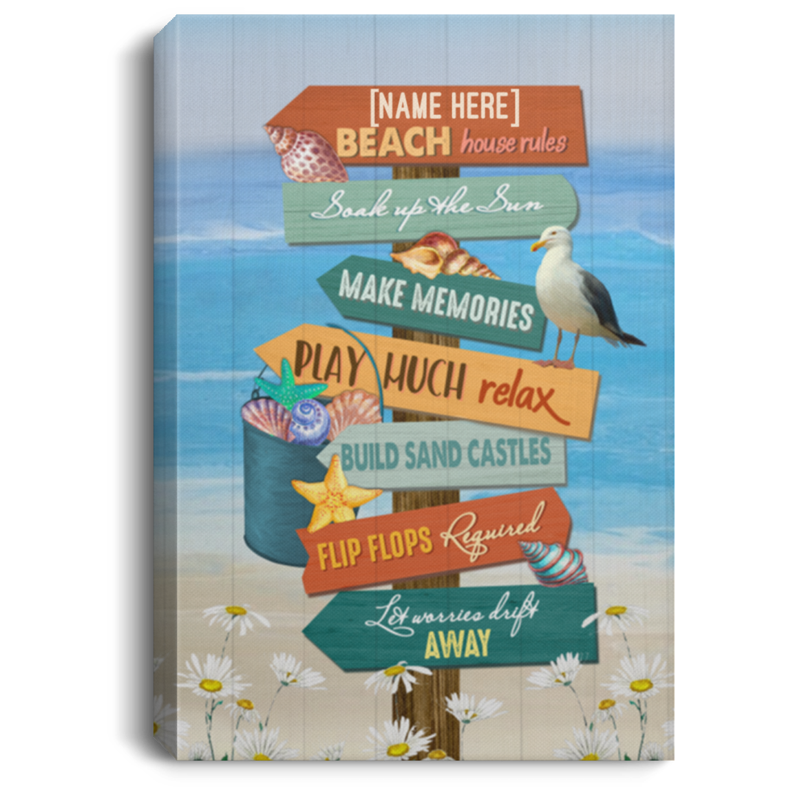 Personalized Beach House Sign Beach House Rules Soak up The Sun Make Memories Framed Canvas - Unframed Poster, White, 0.75'' Framed Canvas