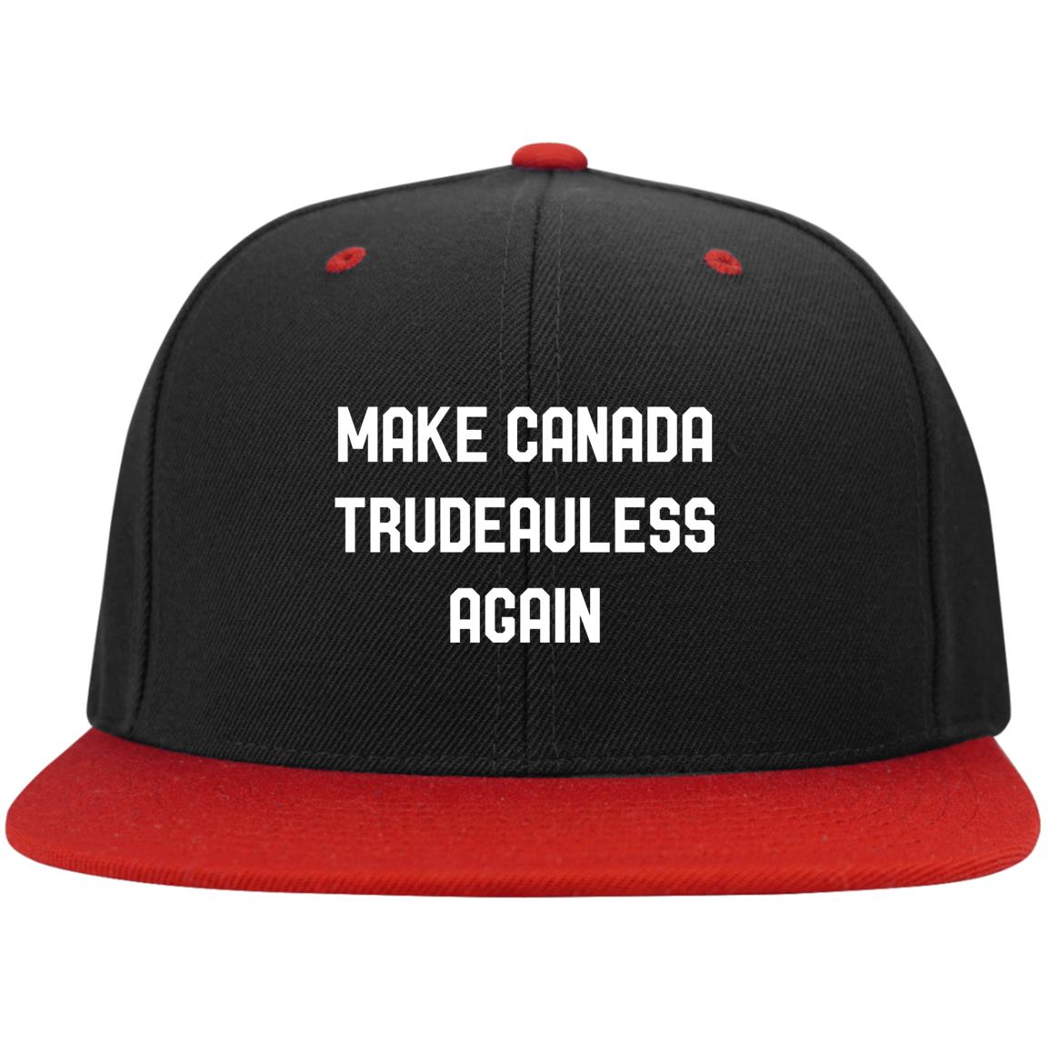 Make Canada Trudeauless Again Funny Twill Cap - High-Profile Snapback Hat - Trucker Hat - Beanie - Knit Cap, Black/True Red, Flat Bill Premium Snapback