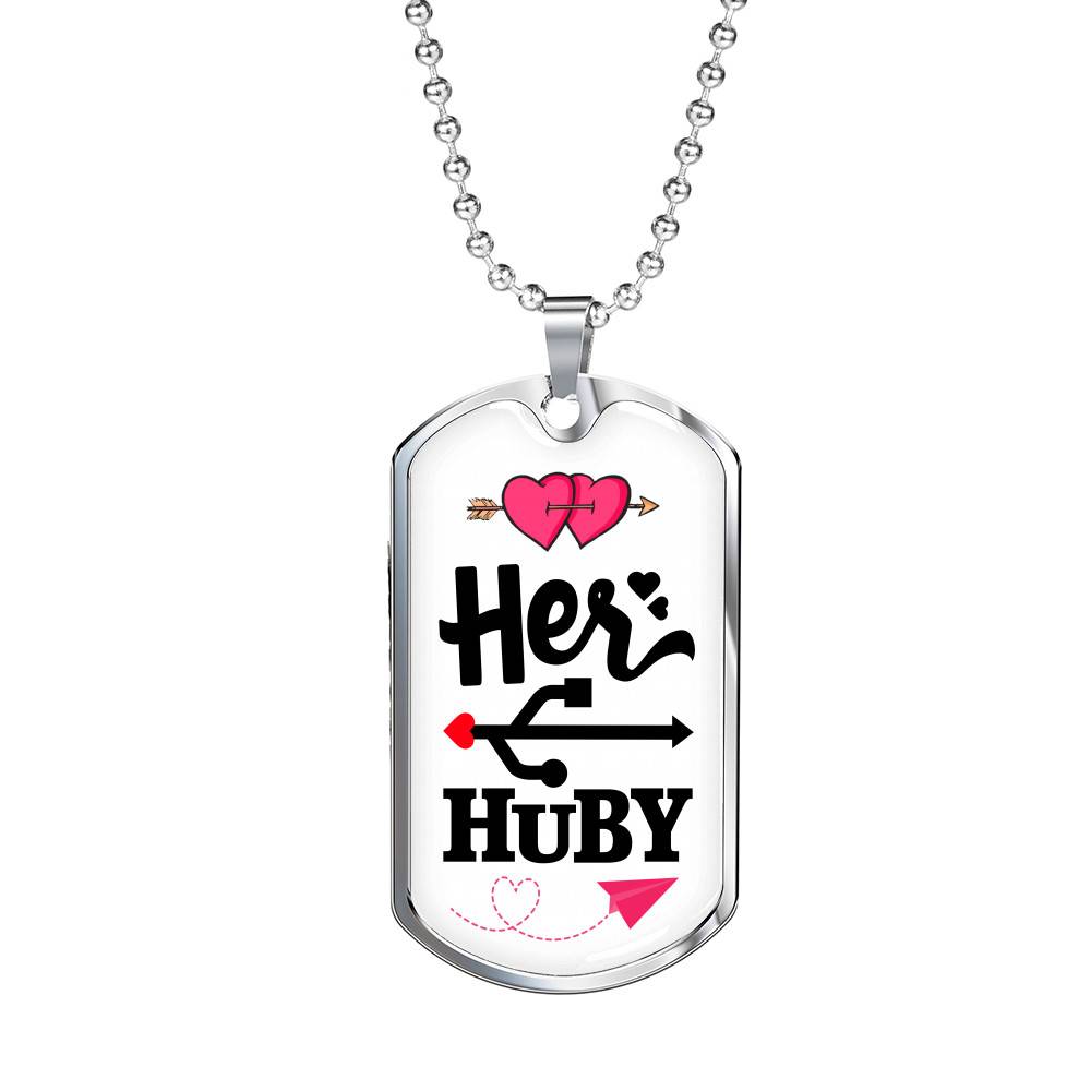 Her Huby His Wifiy Valentine's Day Geek Couple Matching Dog Tag Pendant Necklace Gifts for Him - Dog Tag (Silver)