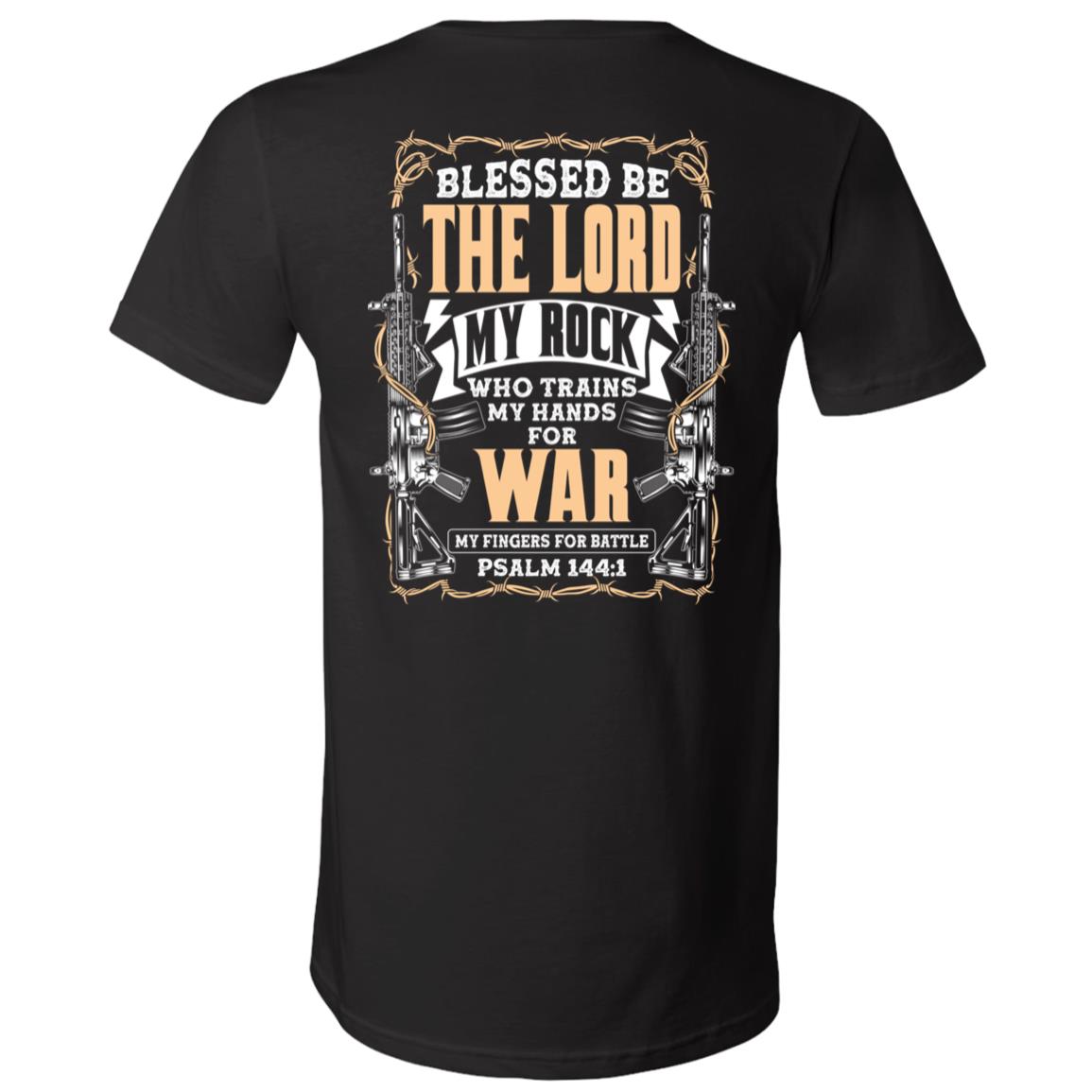 Blessed Be the Lord My Rock Who Trains My Hands for War Riffles Psalm 144:1 Print on Back T-Shirt - V-Neck, Black, V-Neck T-Shirt Blessed Be the Lord My Rock Who Trains My Hands for War Riffles Psalm 144:1 Print on Back T-Shirt - V-Neck, Black, V-Neck T-Shirt