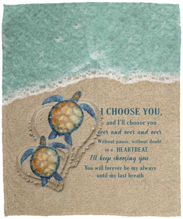 Turtles Sea I Choose You To Do Life With Hand I Hand Side By Side Husband Wife Fleece Blanket - Mink Sherpa Blanket, White, Cozy Plush Fleece Blanket - 50x60