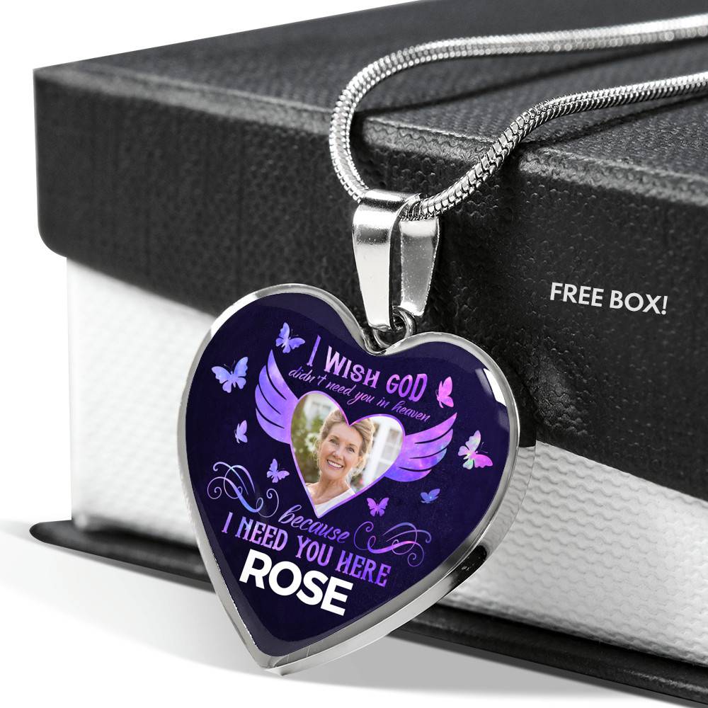 Custom Photo God Wants You I Need You Here with Me in Loving Memory Sayings Heart Pendant Necklace - Heart Luxury Necklace (Silver)