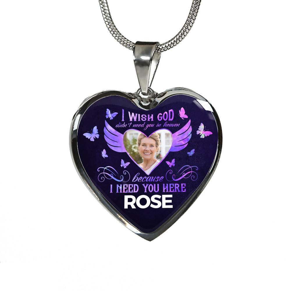 Custom Photo God Wants You I Need You Here with Me in Loving Memory Sayings Heart Pendant Necklace - Heart Luxury Necklace (Silver)
