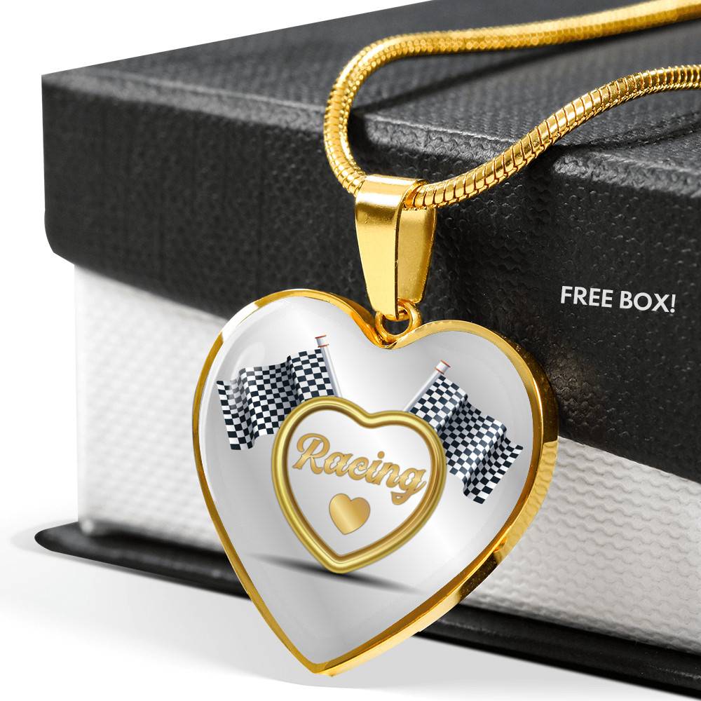 Drag Racing Luxury Heart Pendant Necklace - Racing Flag Necklace Charm - Racing Lover Gifts For Women - Heart Luxury Necklace (Gold Plated)