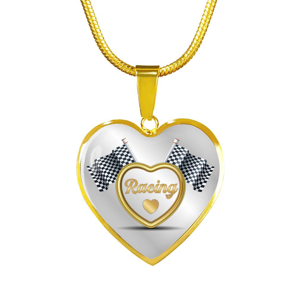 Drag Racing Luxury Heart Pendant Necklace - Racing Flag Necklace Charm - Racing Lover Gifts For Women - Heart Luxury Necklace (Gold Plated)