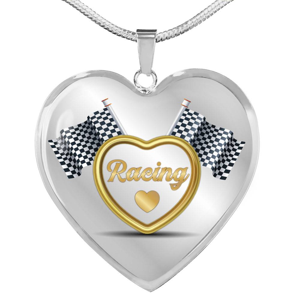 Drag Racing Luxury Heart Pendant Necklace - Racing Flag Necklace Charm - Racing Lover Gifts For Women - Heart Luxury Necklace (Silver)