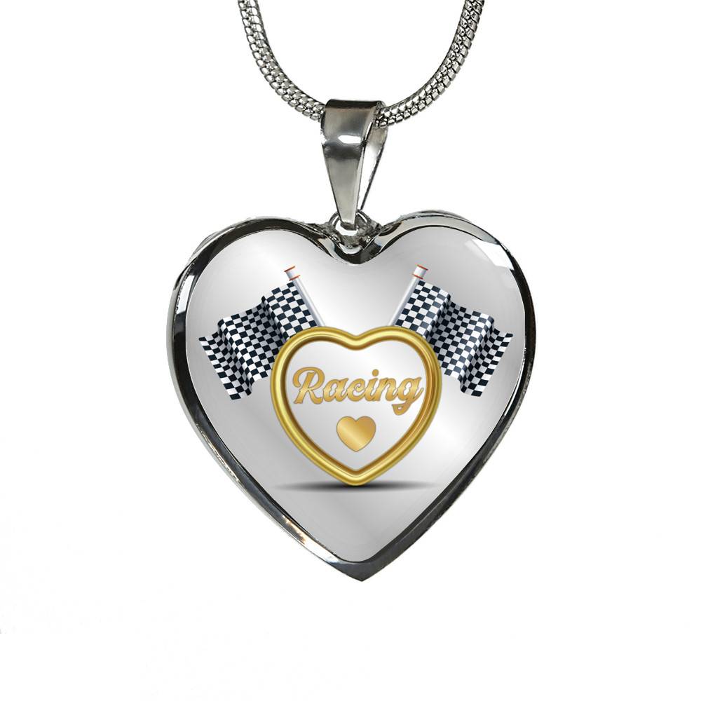 Drag Racing Luxury Heart Pendant Necklace - Racing Flag Necklace Charm - Racing Lover Gifts For Women - Heart Luxury Necklace (Silver)