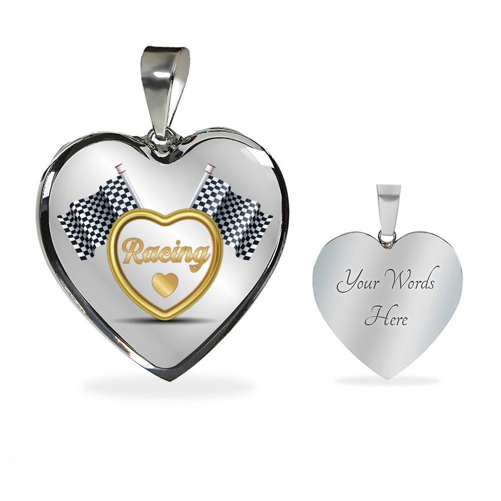 Drag Racing Luxury Heart Pendant Necklace - Racing Flag Necklace Charm - Racing Lover Gifts For Women - Heart Luxury Necklace (Silver)