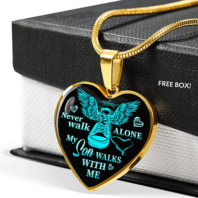 Never Walk Alone My Son Walks With Me Heart Pendant Necklace - Grief Gifts for Loss of Son - Heart Luxury Necklace (Gold Plated)