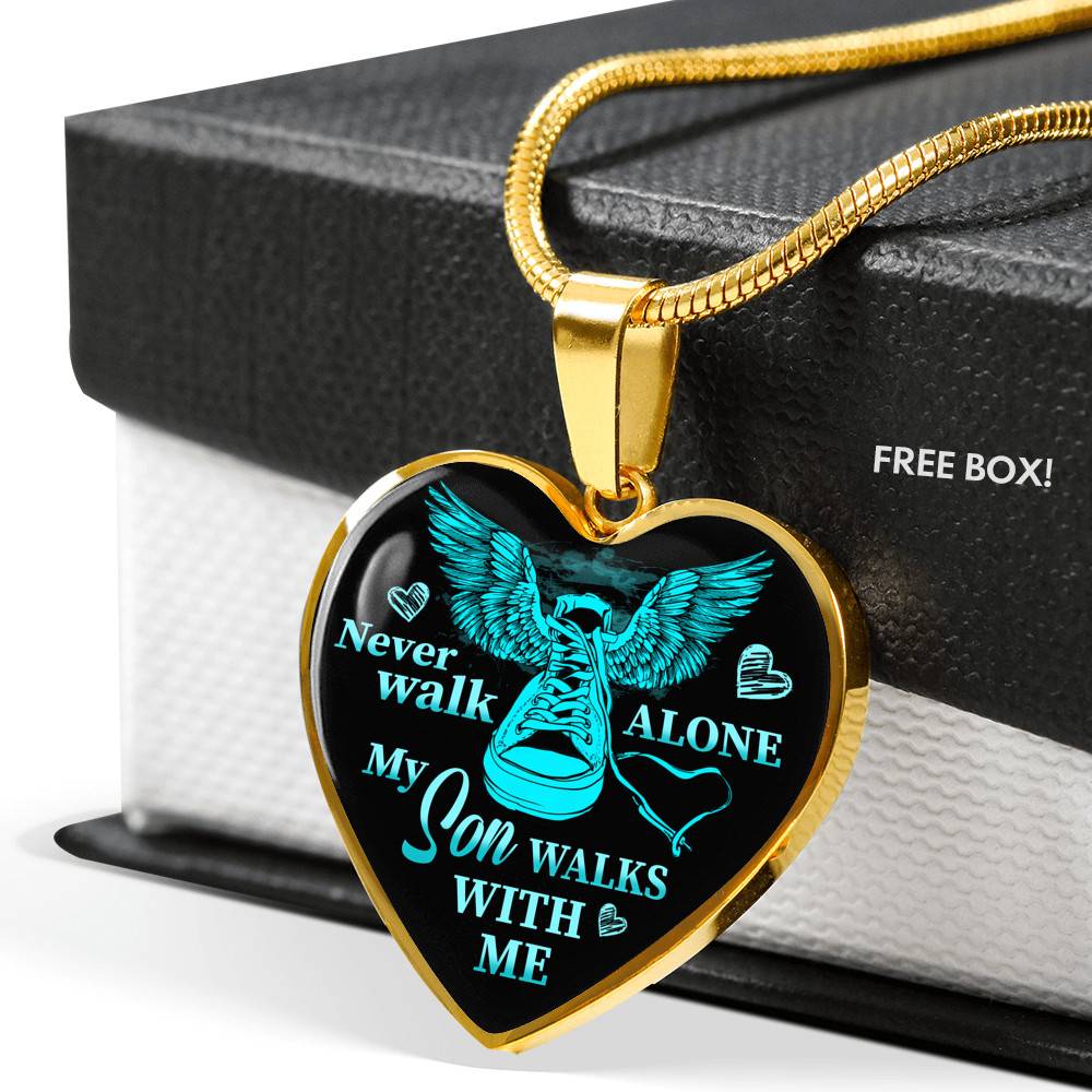 Never Walk Alone My Son Walks With Me Heart Pendant Necklace - Grief Gifts for Loss of Son - Heart Luxury Necklace (Gold Plated)