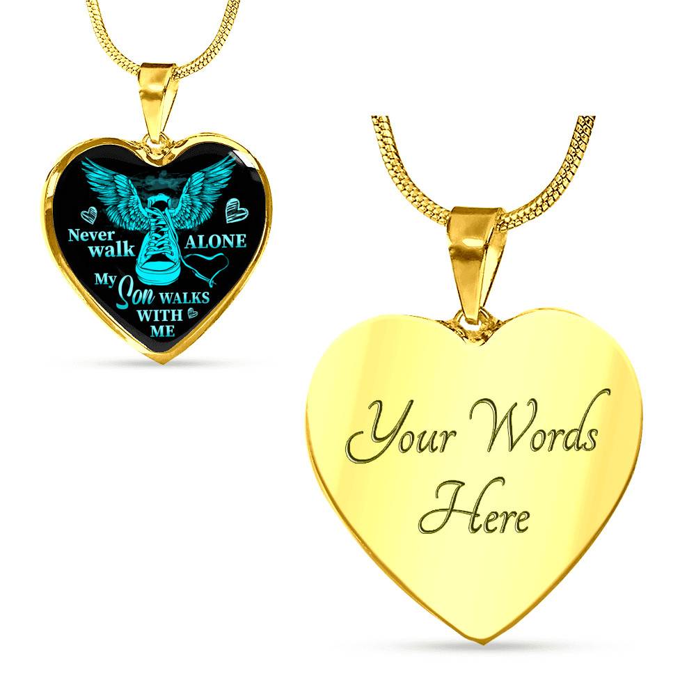 Never Walk Alone My Son Walks With Me Heart Pendant Necklace - Grief Gifts for Loss of Son - Heart Luxury Necklace (Gold Plated)