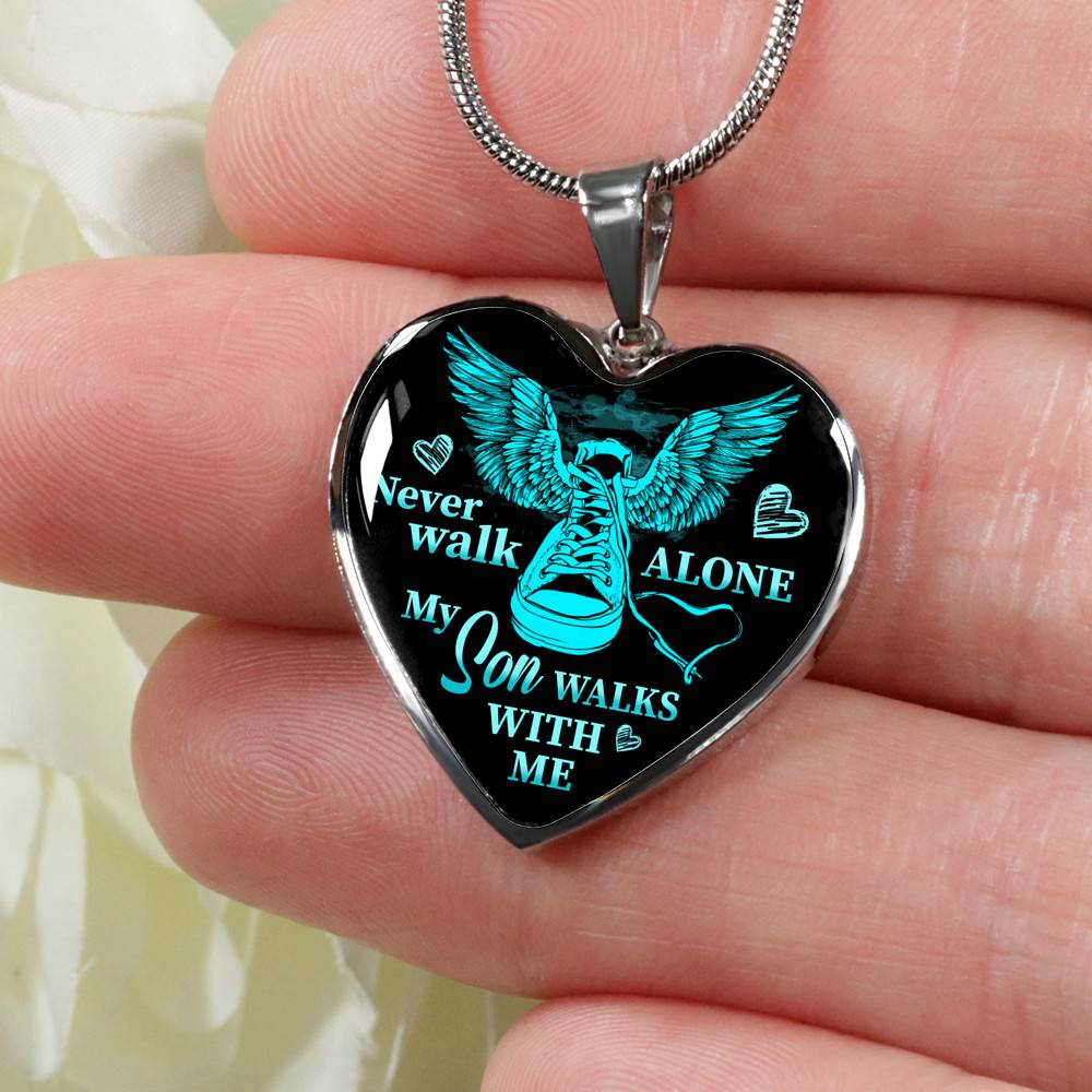 Never Walk Alone My Son Walks With Me Heart Pendant Necklace - Grief Gifts for Loss of Son - Heart Luxury Necklace (Silver)