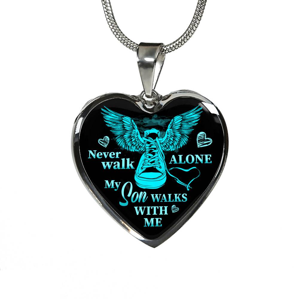 Never Walk Alone My Son Walks With Me Heart Pendant Necklace - Grief Gifts for Loss of Son - Heart Luxury Necklace (Silver)