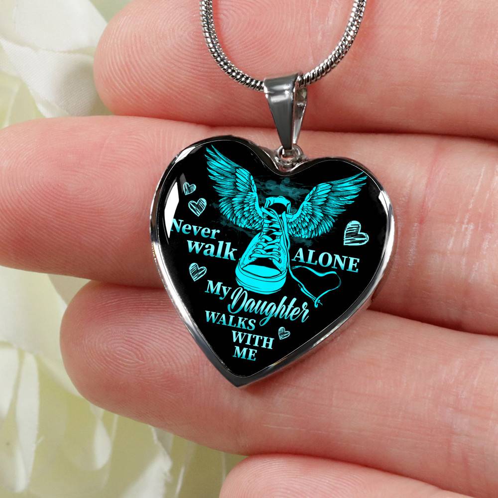 Never Walk Alone My Daughter Walks With Me Heart Pendant Necklace - Grief Gifts for Loss of Daughter - Heart Luxury Necklace (Silver)