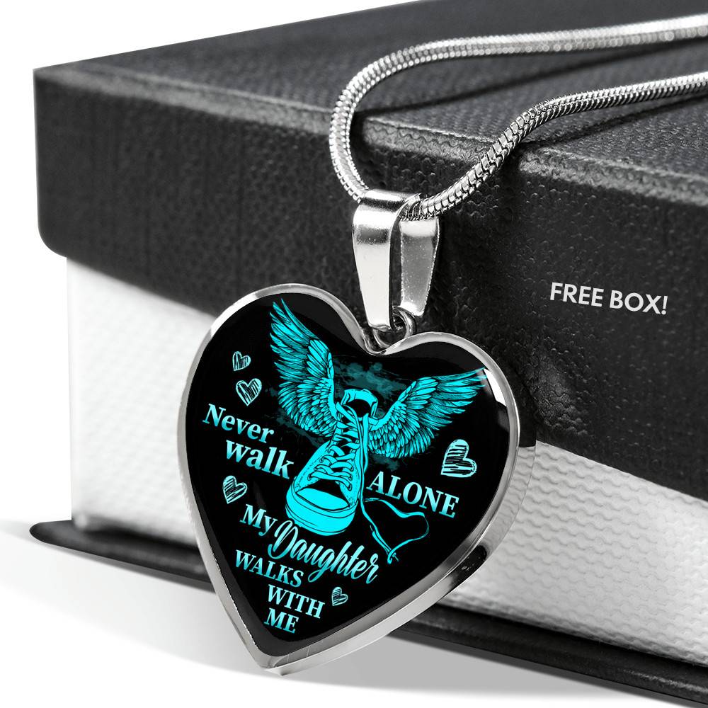 Never Walk Alone My Daughter Walks With Me Heart Pendant Necklace - Grief Gifts for Loss of Daughter - Heart Luxury Necklace (Silver)