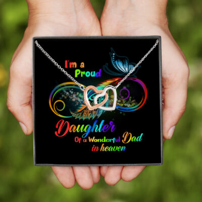 Alternative view of I'm A Proud Daughter Of A Wonderful Dad In Heaven Memory Rainbow Flag LGBT Pride Interlocking Hearts Necklace