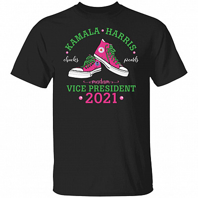 Kamala Harris Chucks Madam Vice President Pearls T-Shirt, Black, Unisex T-Shirt