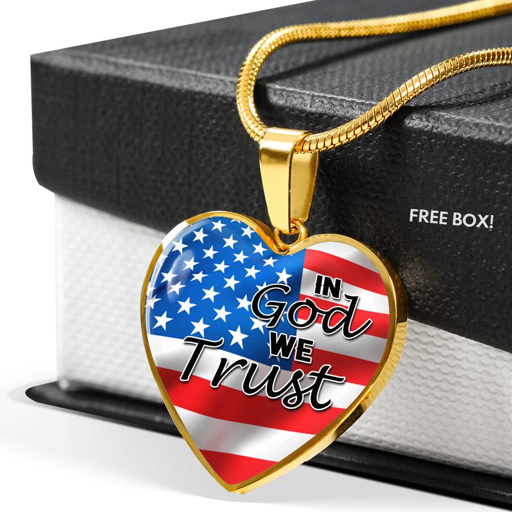 In God We Trust American Flag Patriotic Heart Pendant Necklace - Gift For Patriot - Heart Luxury Necklace (Gold Plated)