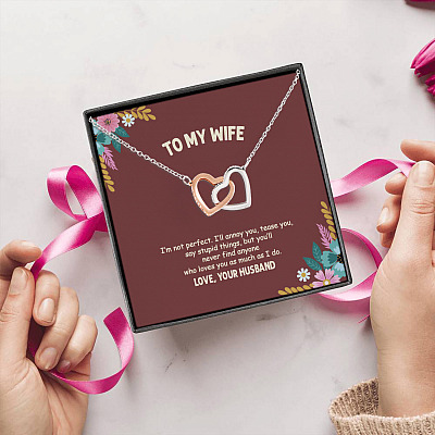 Alternative view of To My Wife I'm Not Perfect I'll Annoy You From Husband Interlocking Hearts Pendant Necklace