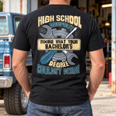 Alternative view of High School Dropout Fixing What Your Bachelor's Degree Couldn't Design Funny Mechanic Print On Back T-Shirt Only