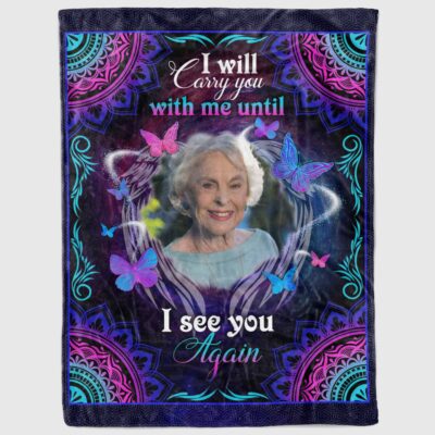 Alternative view of Personalized Photo I Will Carry You With Me Until I See You Again Butterfly Memorial Fleece Blanket - Sherpa Blanket