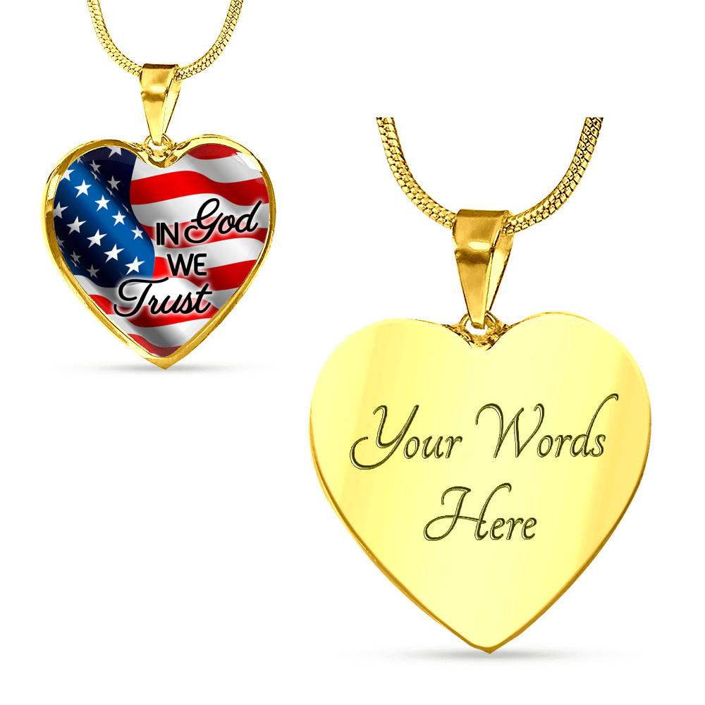 In God We Trust American Flag Luxury Heart Pendant Necklace - Christian Necklace Religious Gifts - Heart Luxury Necklace (Gold Plated)