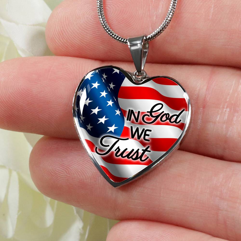 In God We Trust American Flag Luxury Heart Pendant Necklace - Christian Necklace Religious Gifts - Heart Luxury Necklace (Silver)