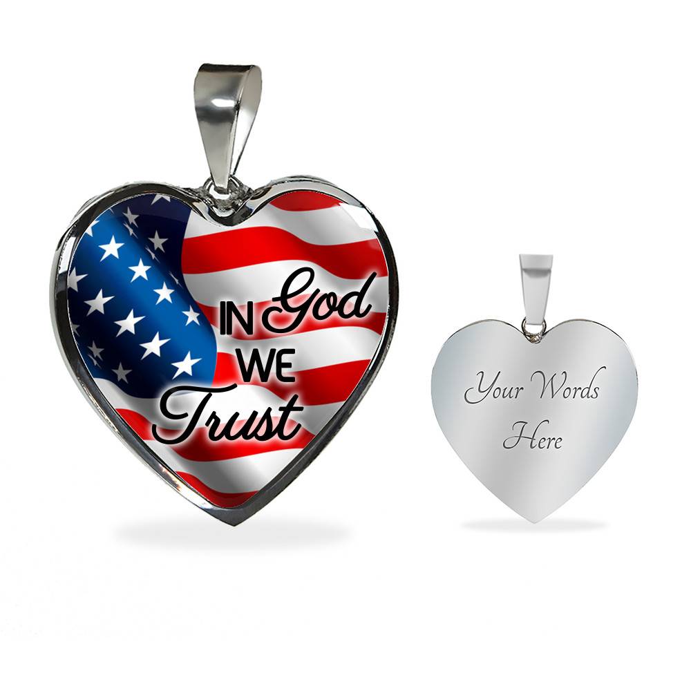 In God We Trust American Flag Luxury Heart Pendant Necklace - Christian Necklace Religious Gifts - Heart Luxury Necklace (Silver)