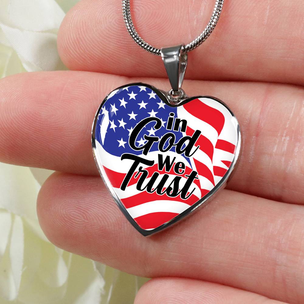 In God We Trust American Flag Heart Pendant Necklace - Womens Patriotic Jewelry - Heart Luxury Necklace (Silver)