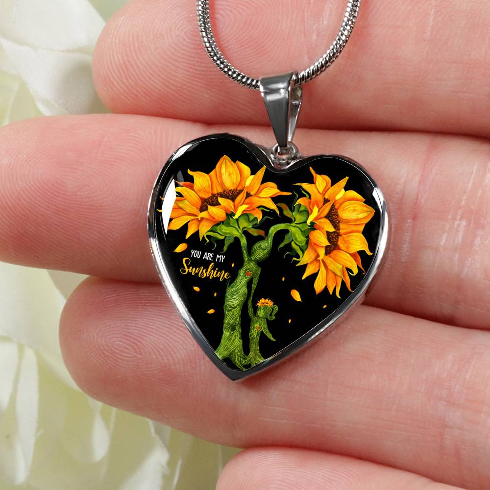 You Are My Sunshine Mother and Daughter Sunflower Heart Pendant Necklace Gifts - Heart Luxury Necklace (Silver)
