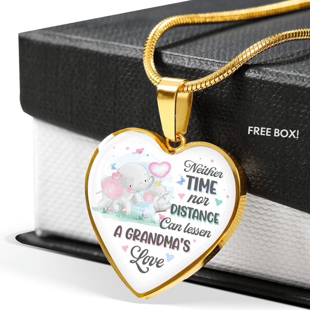 Neither Time Nor Distance Can Lessen A Grandma's Love Cute Elephant Heart Pendant Necklace for Granddaughter - Heart Luxury Necklace (Gold Plated)