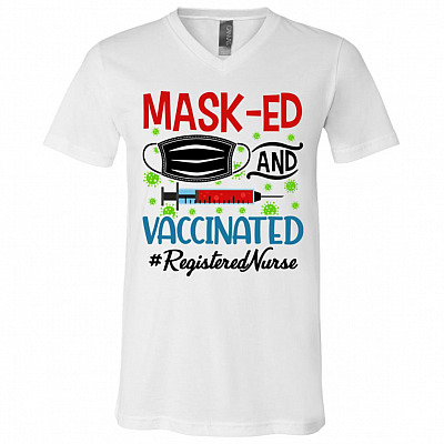 Mask-ed And Vaccinated Registered Shirt, White, V-Neck T-Shirt