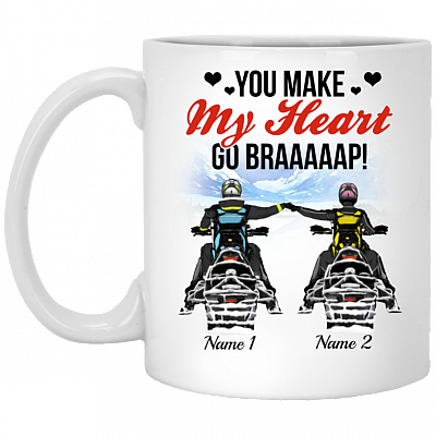Personalized Snowmobile Couple You Make My Heart Go Braap - Valentine Gift for Him Ceramic Coffee Mug - Water Bottle, White, 11 oz. White Mug