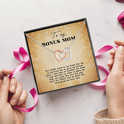 Alternative view of To My Bonus Mom Thank You so Much for Loving Me as Your Own Interlocking Hearts Pendant Necklace