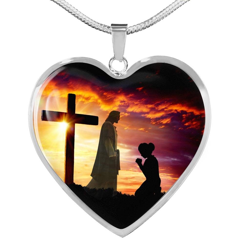 I Only Kneel For One Man And He Died On The Cross Heart Pendant Necklace - Religious Pendant Necklaces - Heart Luxury Necklace (Silver)