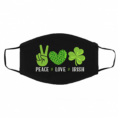 Peace Love Irish Funny St Patrick's Day, Black, Cloth Face Cover – Medium/Large