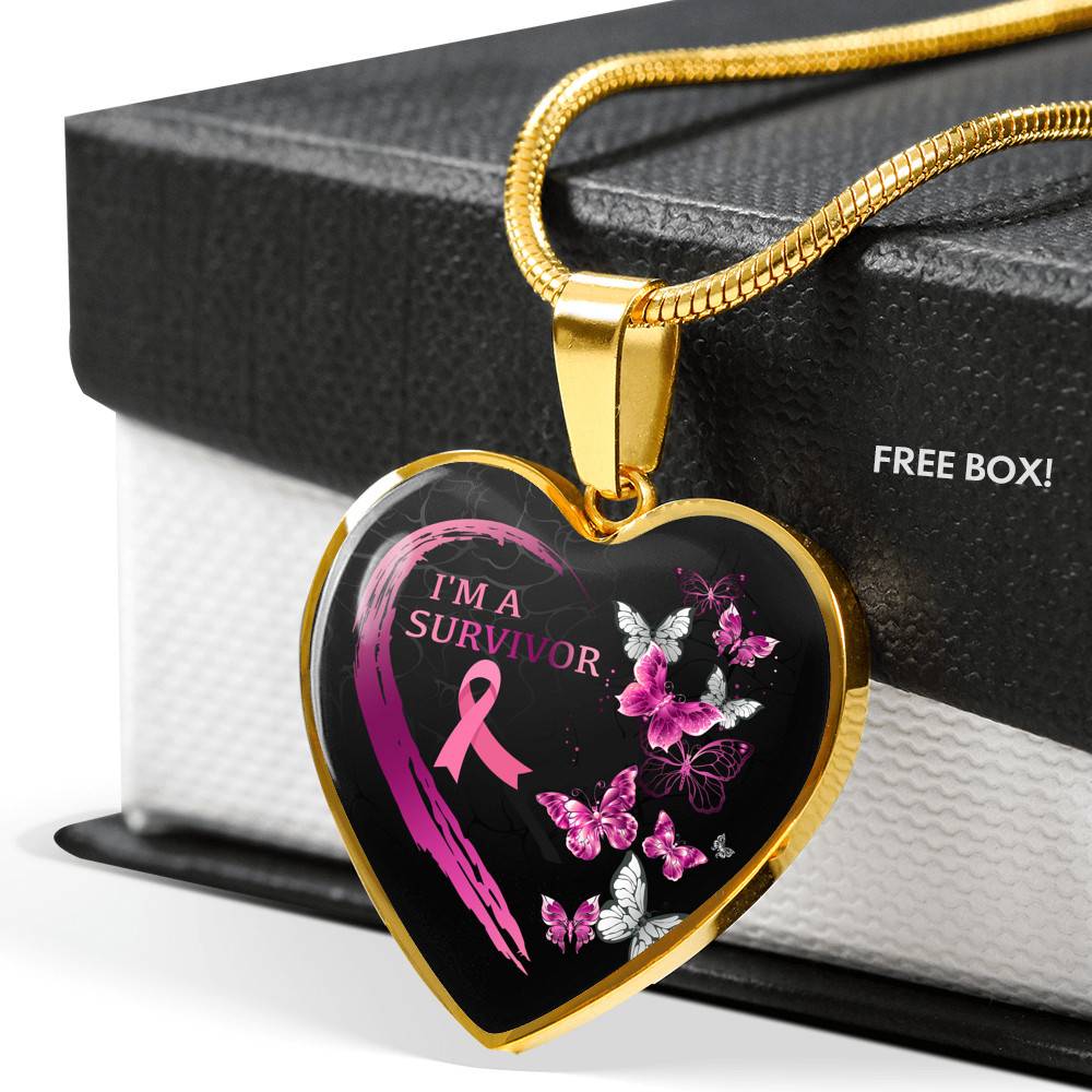 Pink Ribbon Butterfly I'm a Survivor Breast Cancer Awareness Month Heart Pendant Necklace Gifts - Heart Luxury Necklace (Gold Plated)