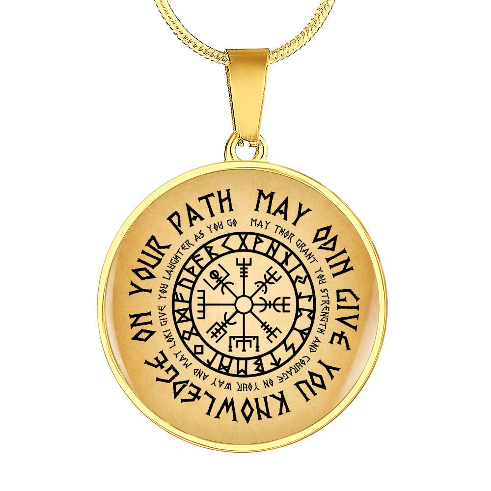 Nordic Vikings May Odin Give You Knowledge On Your Path Circle Pendant Necklace - Norse Mens Necklace Jewelry - Circle Luxury Necklace (Gold Plated)