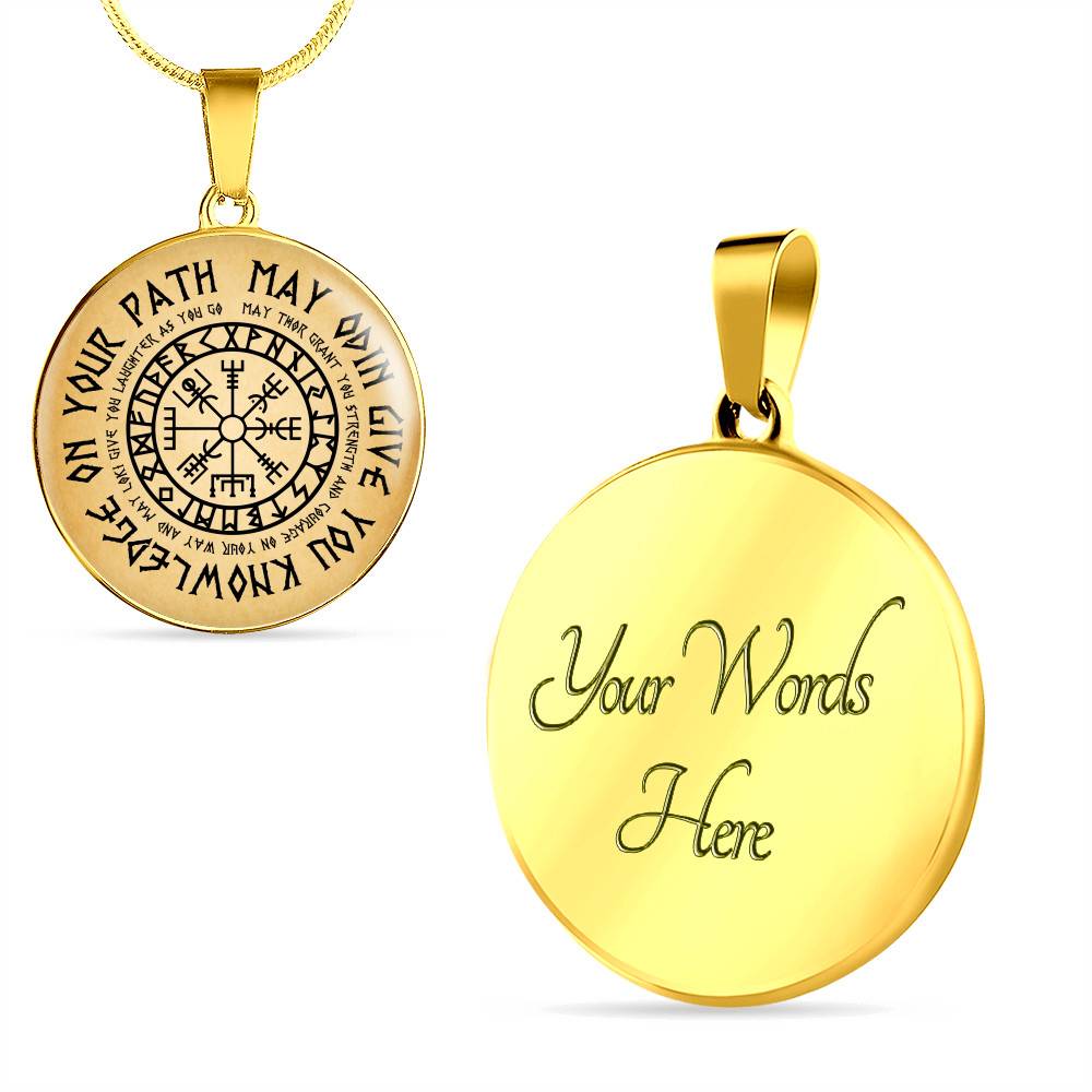 Nordic Vikings May Odin Give You Knowledge On Your Path Circle Pendant Necklace - Norse Mens Necklace Jewelry - Circle Luxury Necklace (Gold Plated)